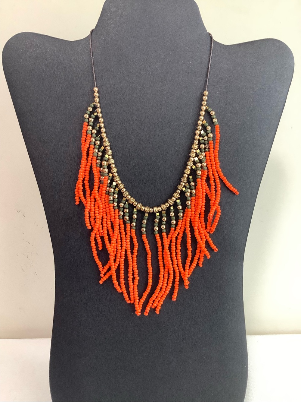 Vibrant Orange Beaded Fringe Necklace with Gold Accents